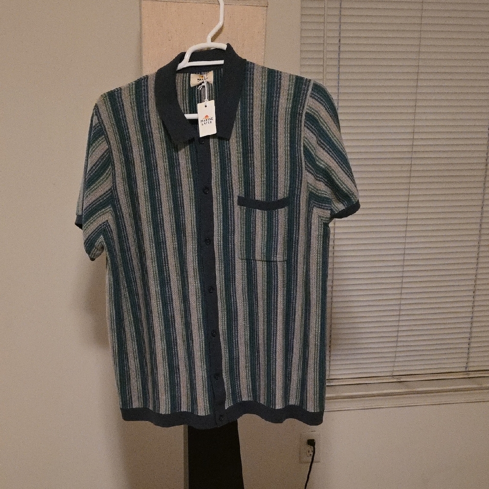 Marine Layer Striped Polo in Green and Blue